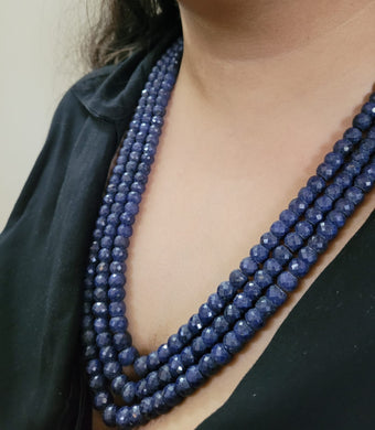 Natural Precious Blue Sapphire Gemstone Three Layered Necklace