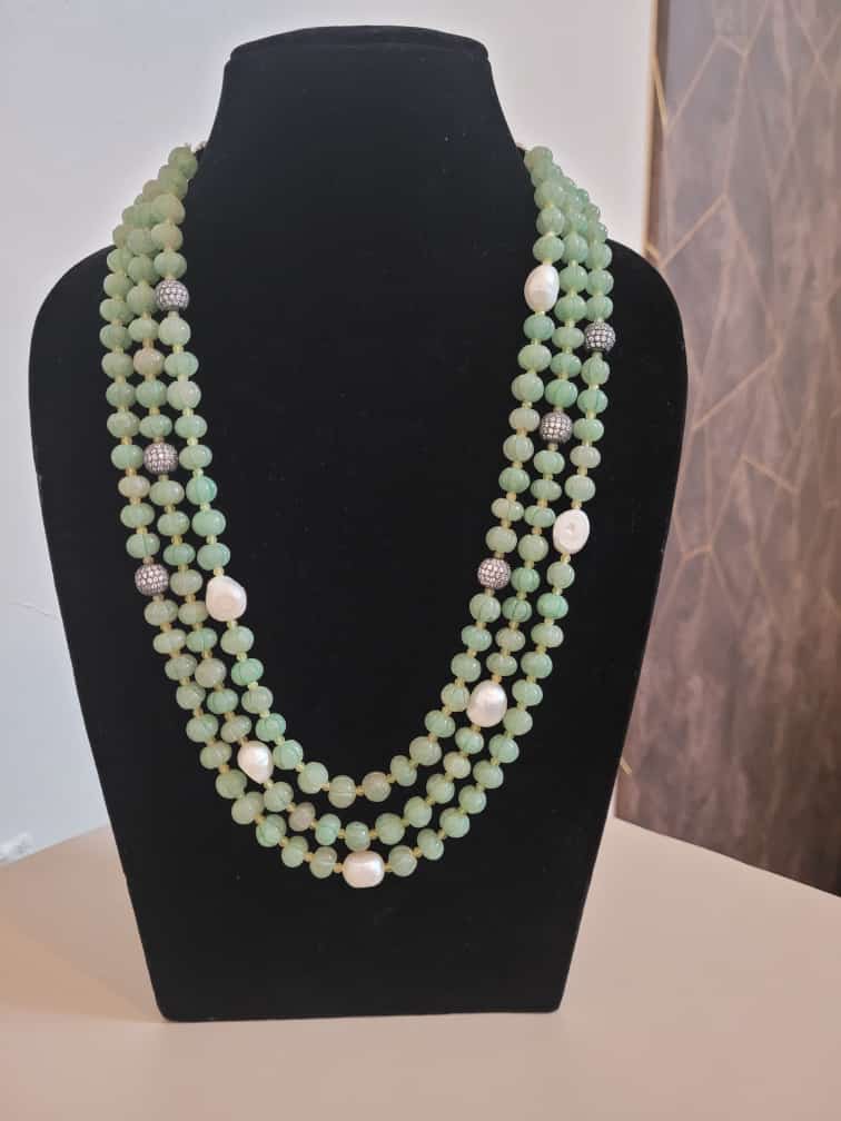 Green pumpkin Gemstone Pearl Triple Layered Necklace