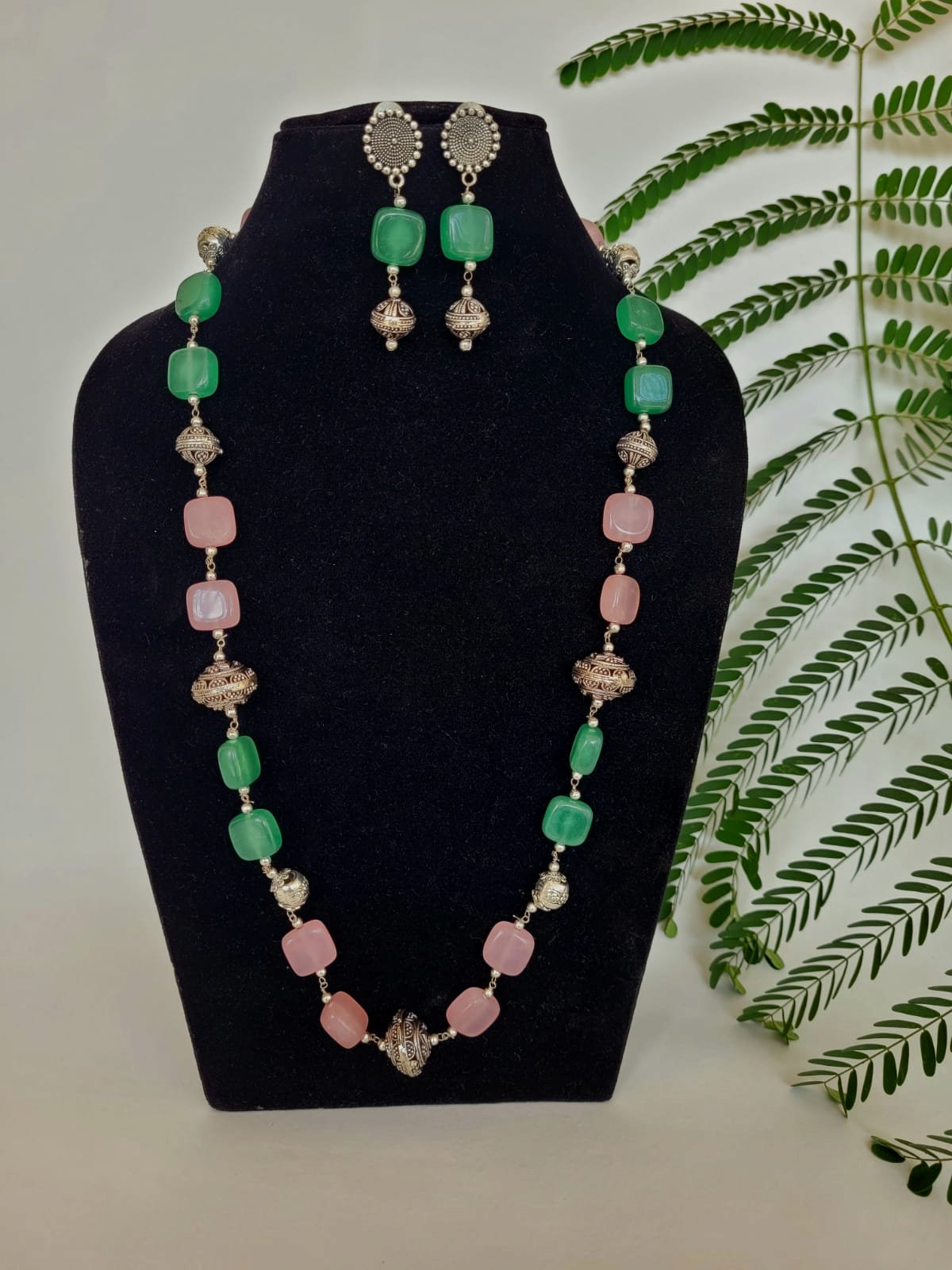 Mint Green Stone & American Diamond Embellished Drop Shape Necklace Set |  B261-July-40 | Cilory.com