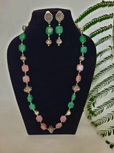 Load image into Gallery viewer, Gemzlane Pink and Green stone Long Beaded necklace