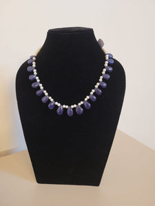 Precious Blue Natural Quartz Drops and Real pearls  Necklace