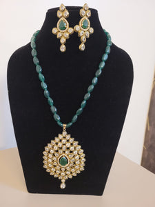 Gemzlane Kundan Pendant Green Beaded necklace Set
