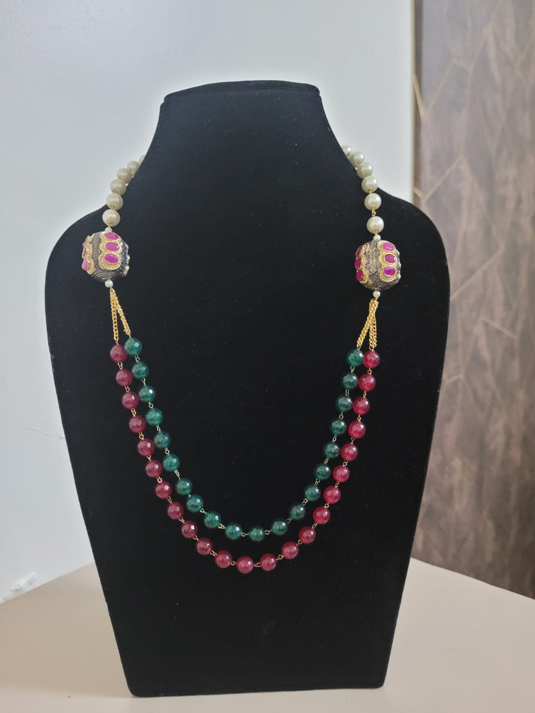 Red Green Designer Double Chain Beaded Necklace