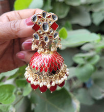 Load image into Gallery viewer, Red Meenakari Kundan Jhumka Earring