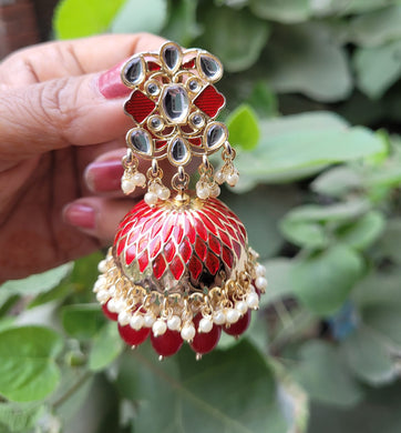 Red Meenakari Kundan Jhumka Earring