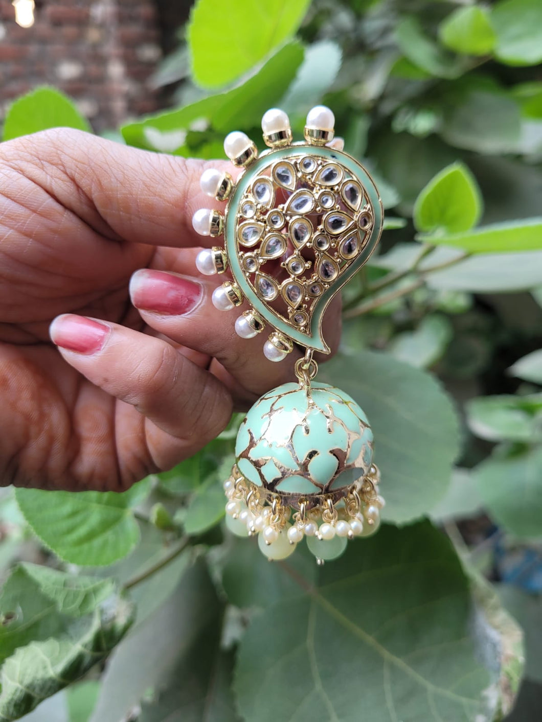 Mint Green Enamel Pearl Embellished Chandbali Earring | FashionCrab.com |  Green enamel, Green pearl earrings, Chandbali earrings