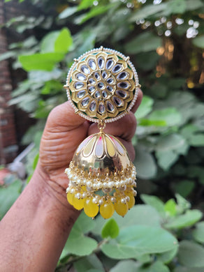 Yellow Meenakari kundan jhumka earrings