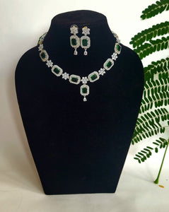 Green Floral Silver plated Cubic zirconia Diamond Necklace set