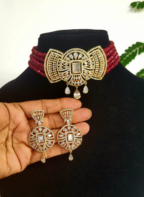 Ahana Ruby Red gold plated choker diamond necklace set