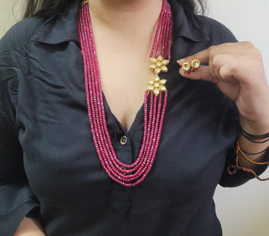Ruby Red Kundan Side Pendant Beaded Necklace Set