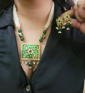 Green Designer Multi Stone Pendant Beaded necklace Set
