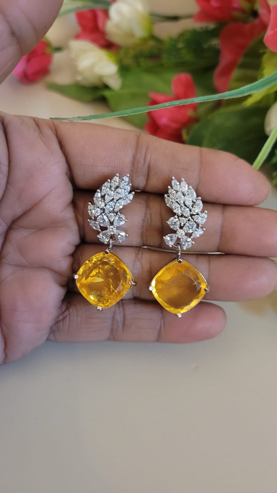 Yellow designer Stone Dangler diamond Earrings
