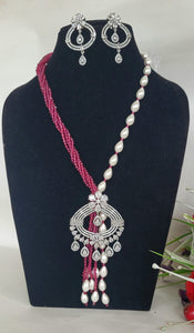 Red Long Diamond Pendant Beaded Necklace Set