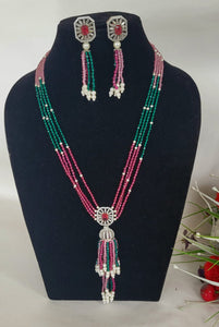 Red Green Long Beaded Diamond  Pendant Necklace Set