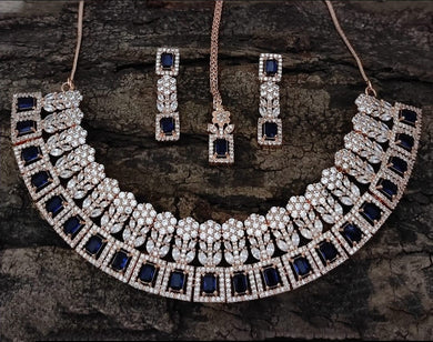 Blue Rosegold plated cz diamond Necklace set with Maangtika