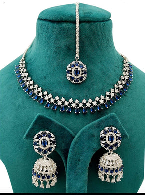 Blue Silver plated cz diamond Necklace set with Maangtika