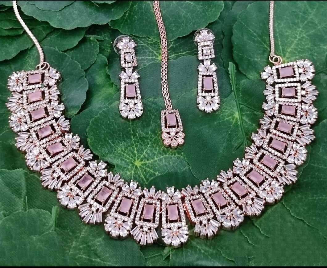 Pink Rosegold plated cz diamond Necklace set with Maangtika
