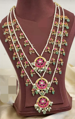 Jadau Kundan with silver foil Triple Layered Pearl beaded Necklace