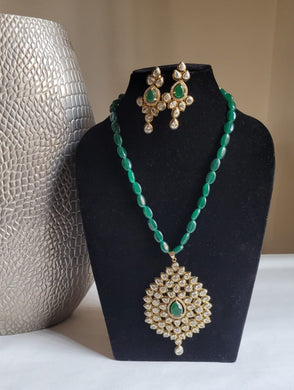 Gemzlane Kundan Pendant Green Beaded necklace Set