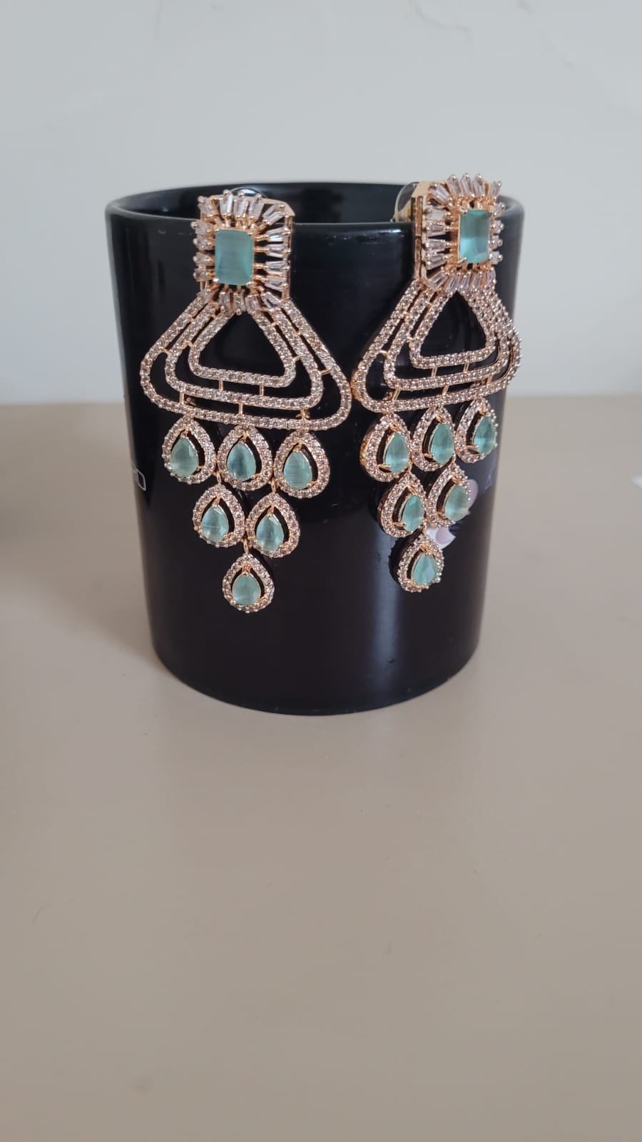 Shehnaaz Mint Green Diamond Danglers Earrings