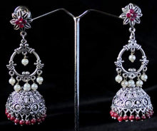 Load image into Gallery viewer, Gemzlane oxidized ethnic embellished long pearl  jhumki earrings for women and girls - Earrings