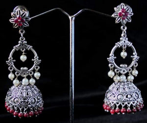 Gemzlane oxidized ethnic embellished long pearl  jhumki earrings for women and girls - Earrings