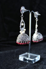 Load image into Gallery viewer, Gemzlane oxidized ethnic embellished long pearl  jhumki earrings for women and girls - Earrings