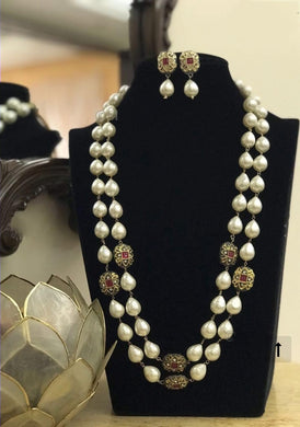 Double layered white Pearls  beaded Necklace Set