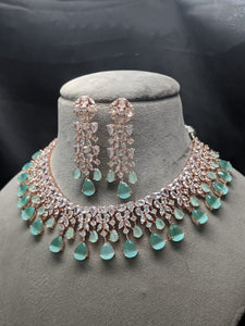 Priyanka Aqua green Rosegold plated diamond Necklace set