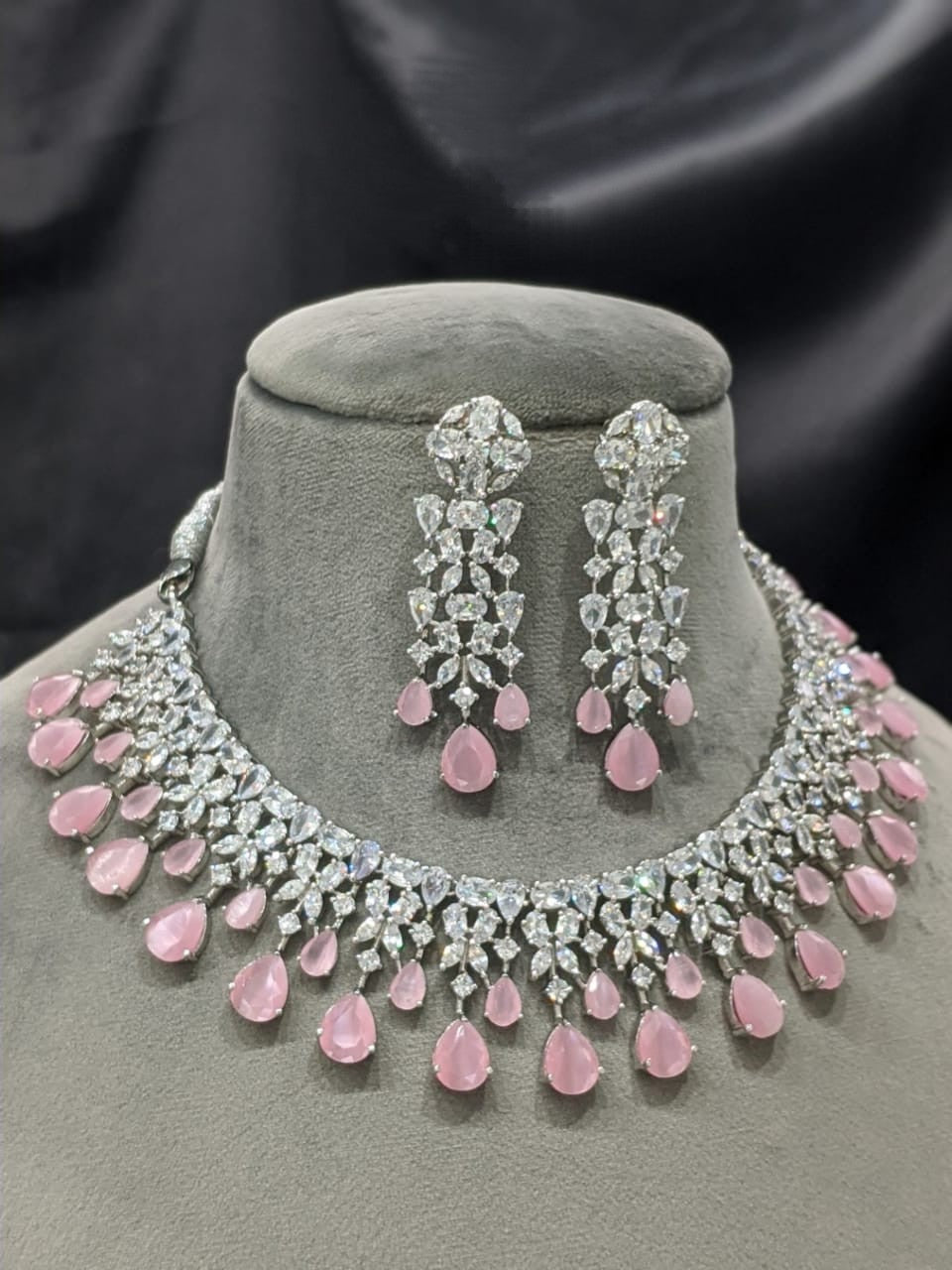 Gemzlane Silver Green American Diamond Necklace set