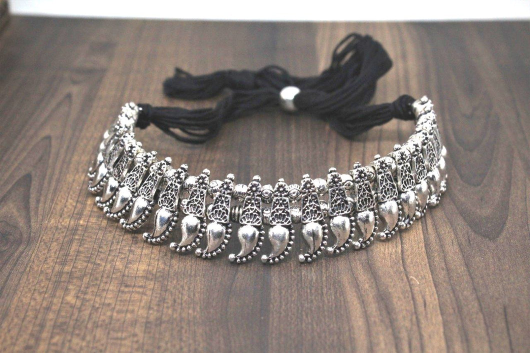 Silver Tone Oxidized Choker Necklace - Gemzlane